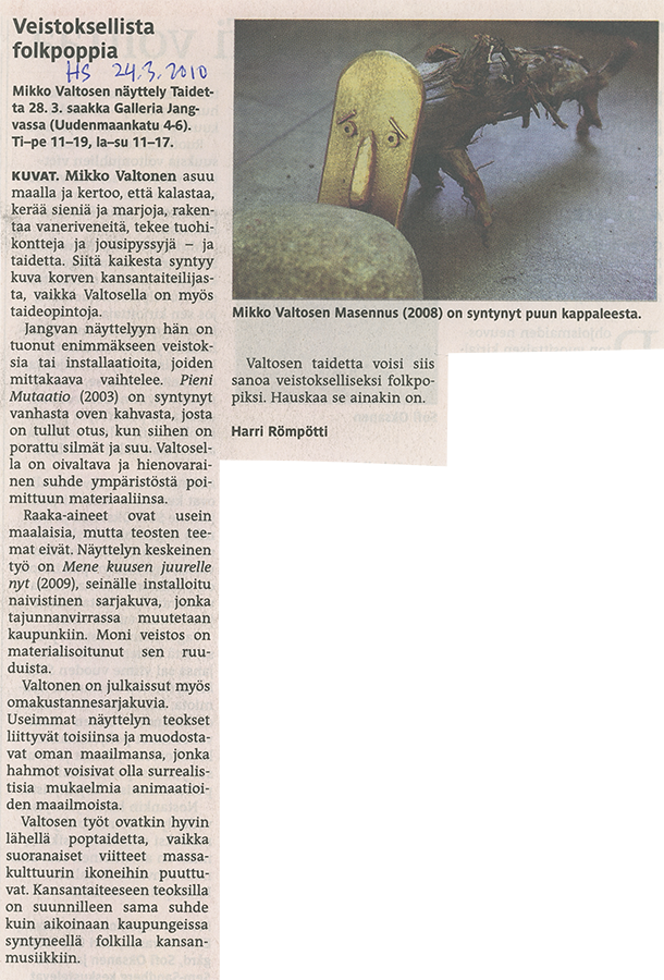 Helsingin Sanomien artikkeli 24.3.2010, Veistoksellista folkpoppia